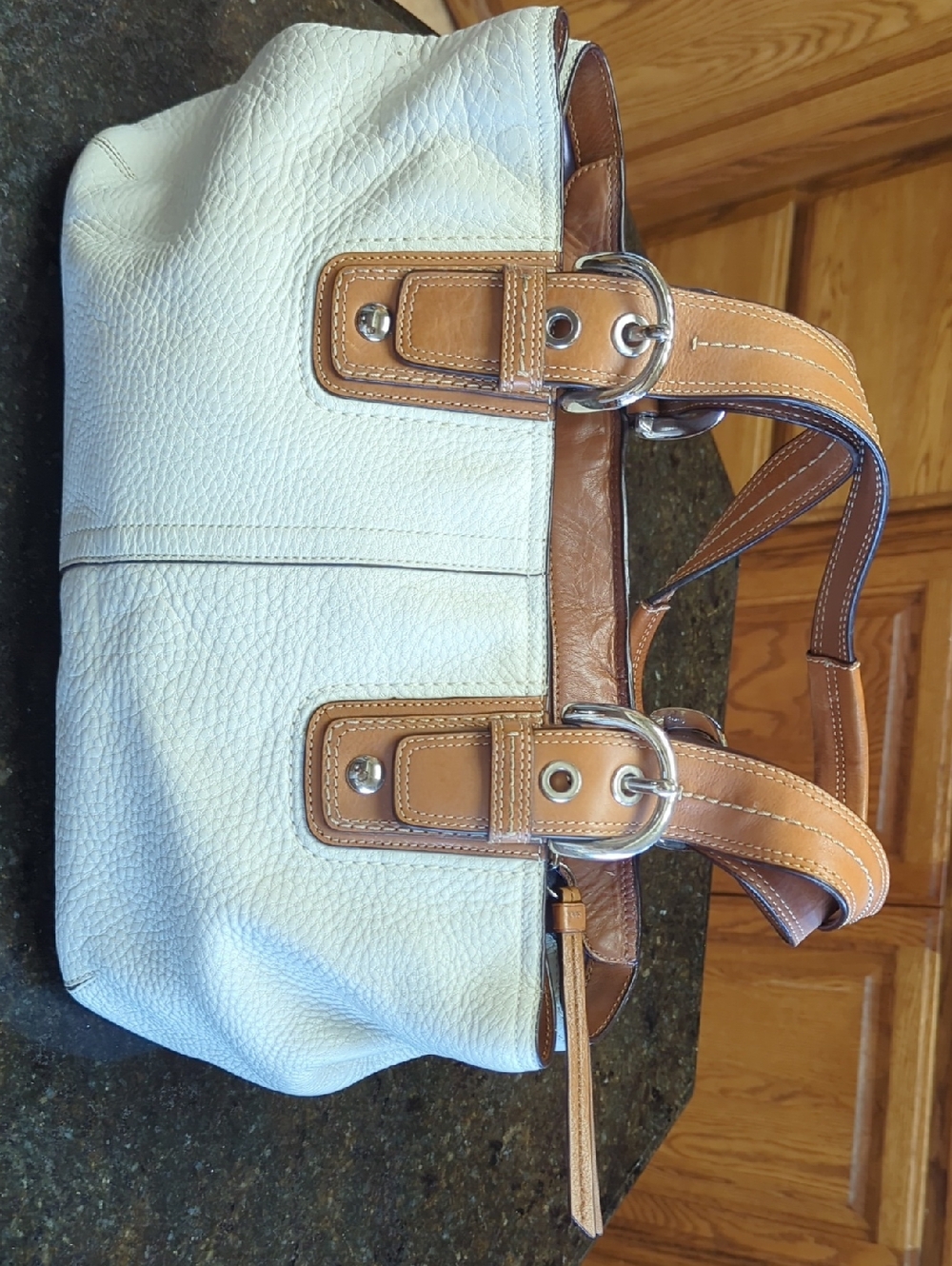 Cream and Tan Women's Leather Tote Handbag